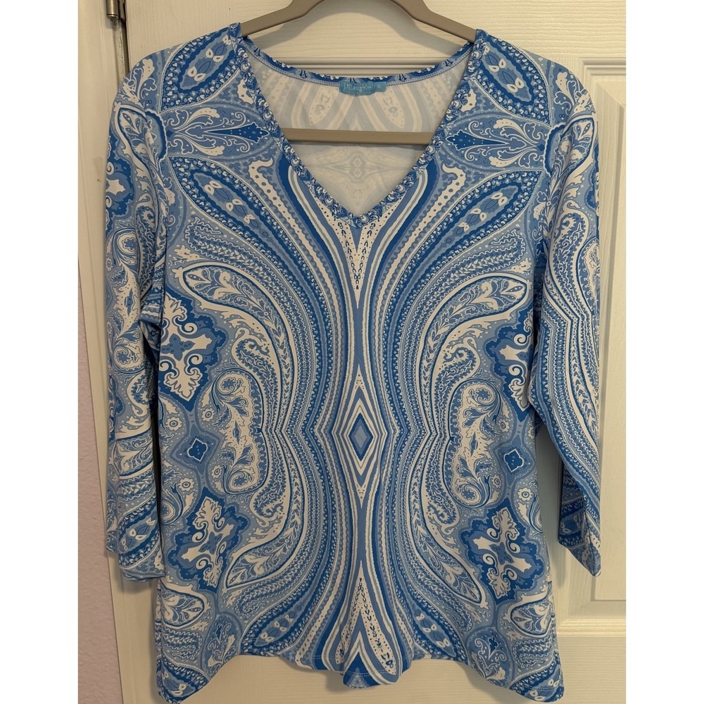 J. McLaughlin Pullover Top XL Blue Paisley Catalina Cloth 3/4 Sleeve Stretchy